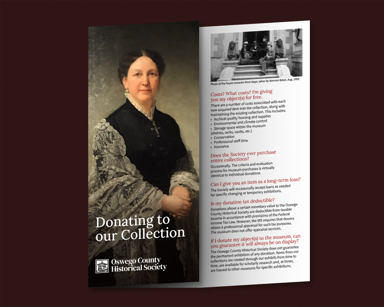 Trifold brochure on a red background, titled "Donating to our Collection."