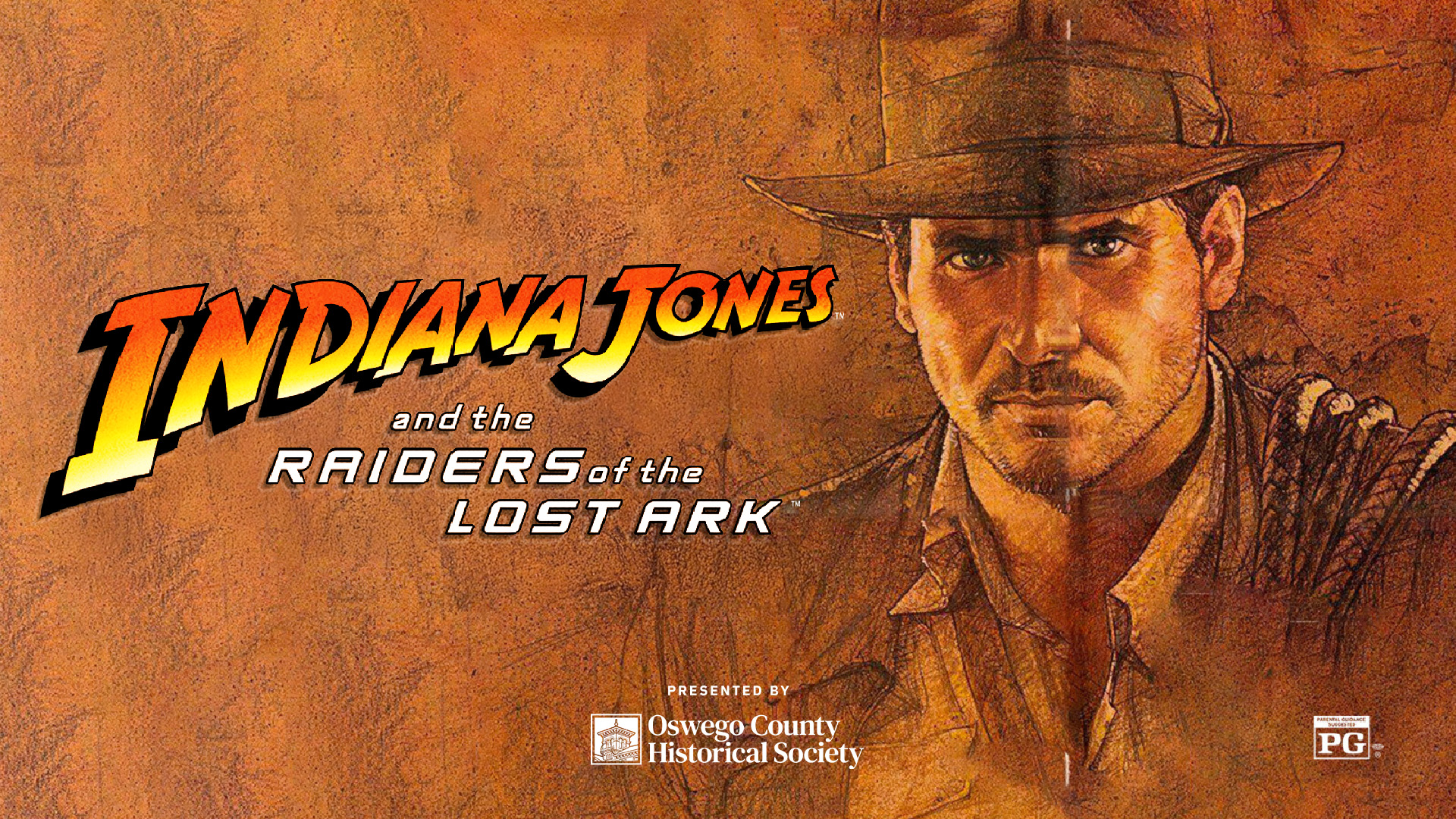 Promotional image of the movie "Indiana Jones and the Raiders of the Lost Ark," starring Harrison Ford. Presented by Oswego County Historical Society.